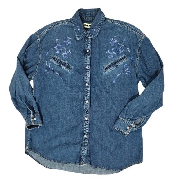 Vintage Denim DKNY Jeans Shirt Pearl Snap Blue Small Western Top 90s  Oversized - Picture 1 of 7